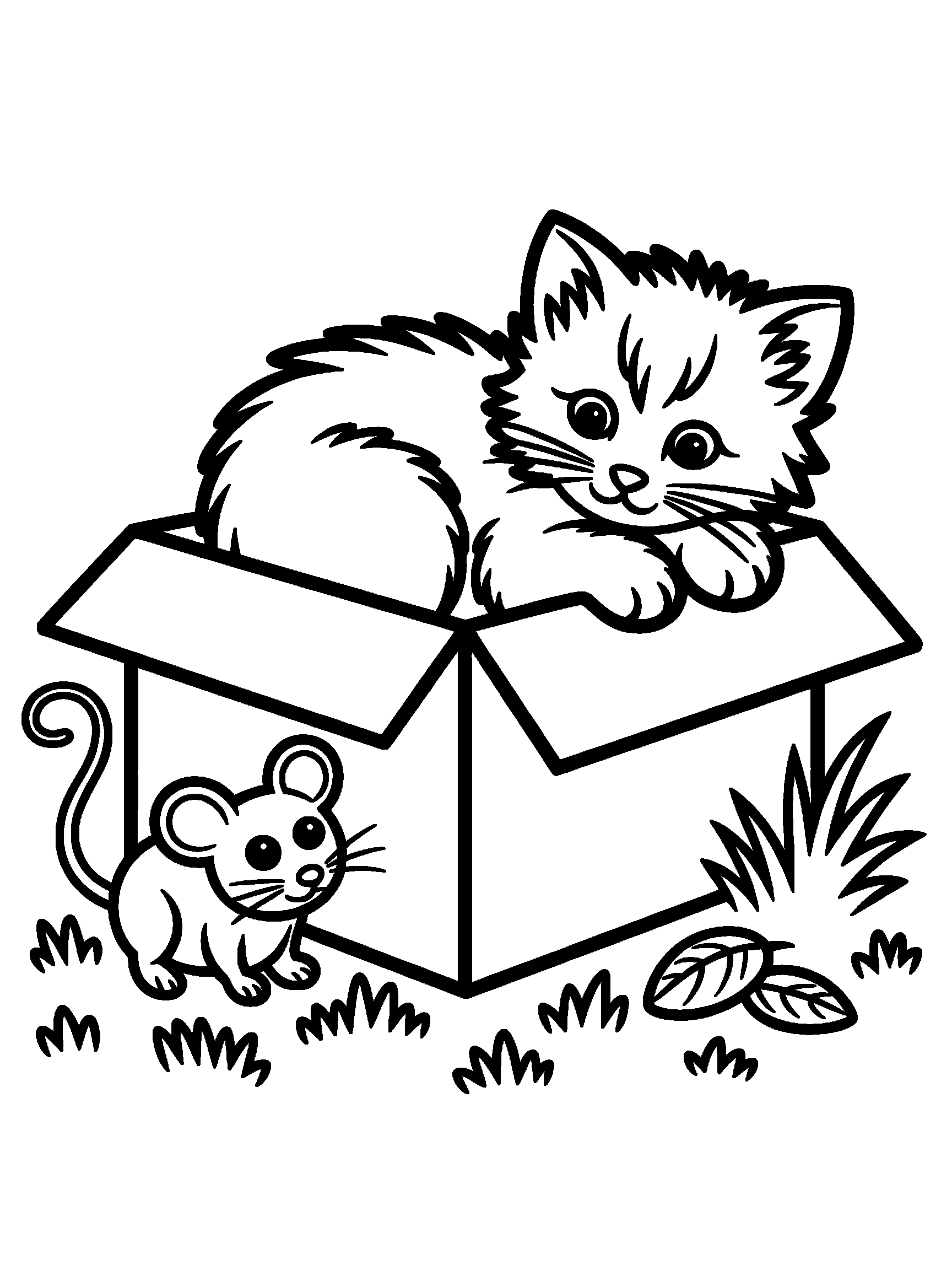 A kitten in a cardboard box next to a toy mouse - a free printable cute coloring page