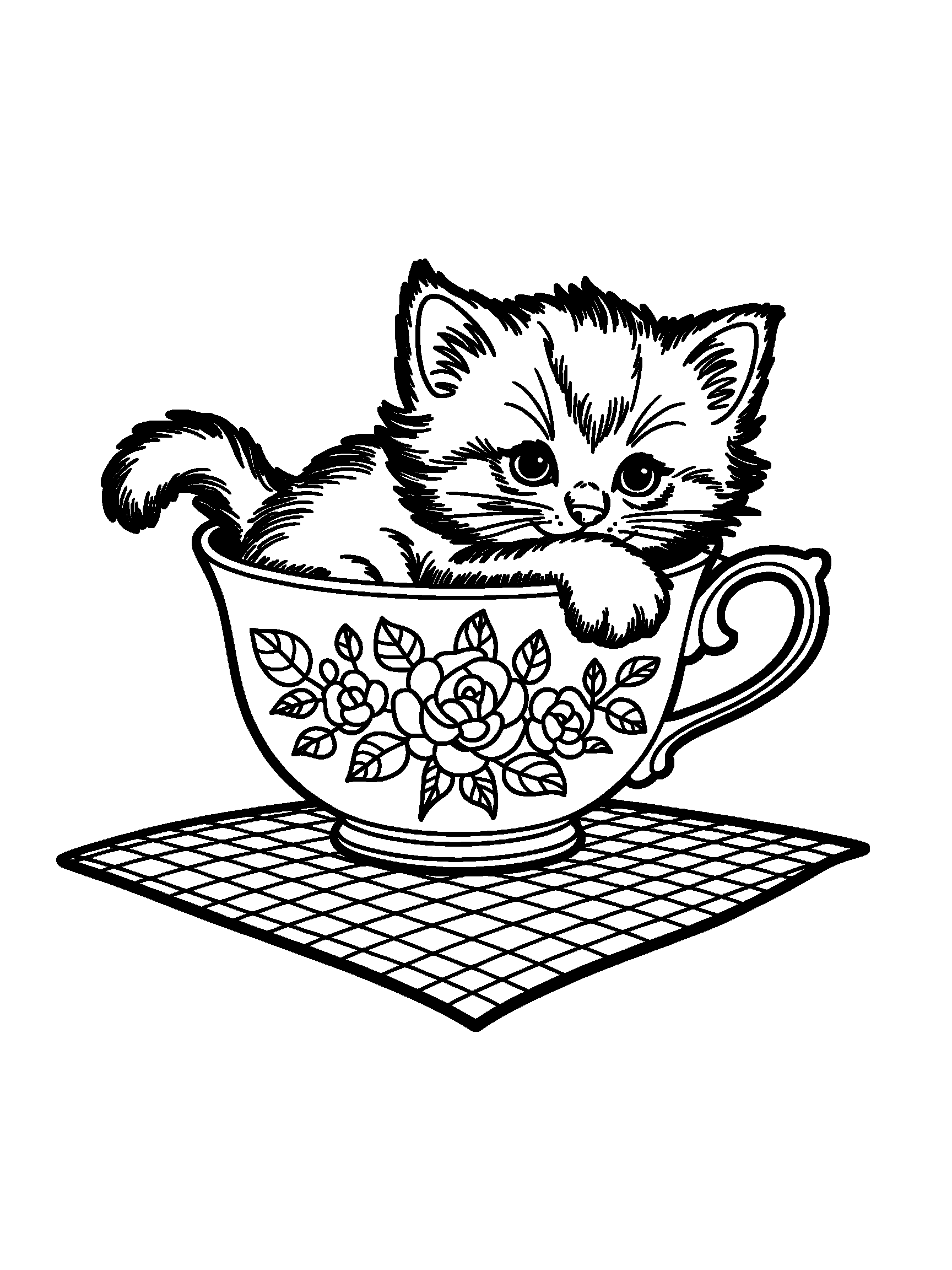 A kitten peeking out of a teacup - a free printable cute coloring page