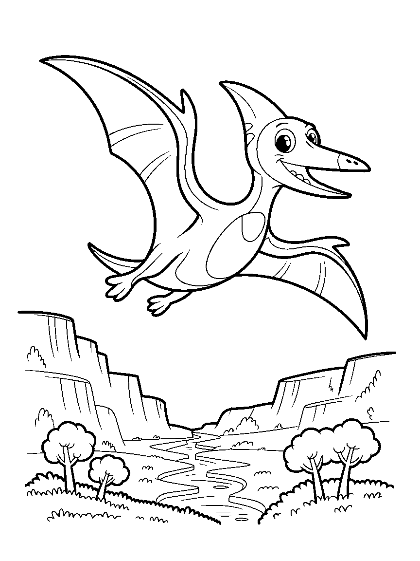 A pterodactyl gliding over cliffs - a free printable dinosaurs coloring page