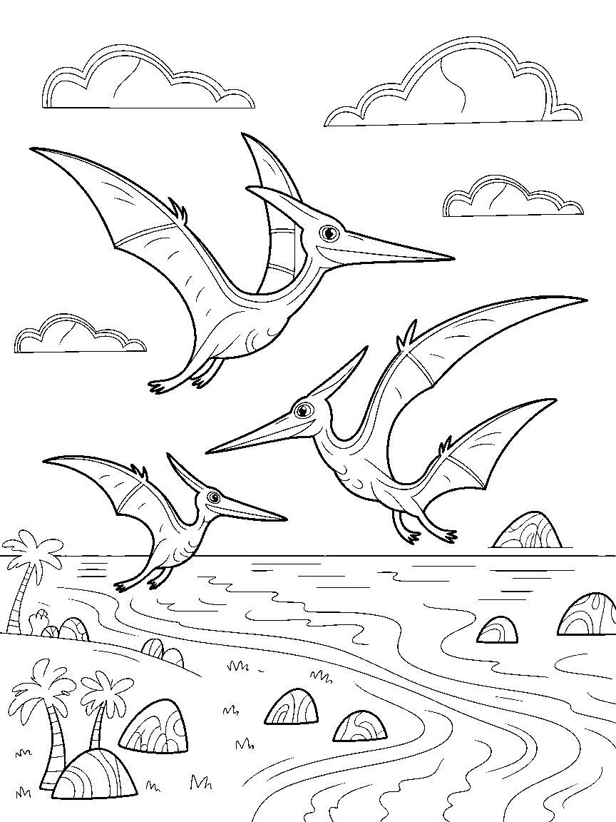 Pterodactyls over a prehistoric coast - a free printable dinosaurs coloring page