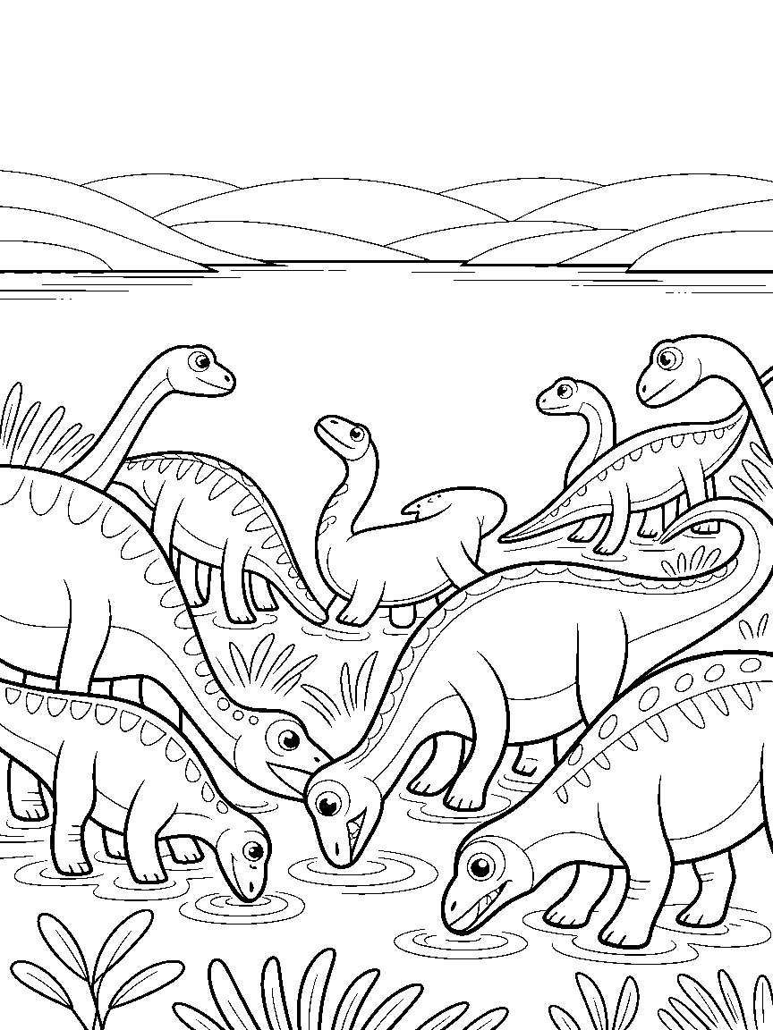 A herd of long-necked dinosaurs by a lake - a free printable dinosaurs coloring page