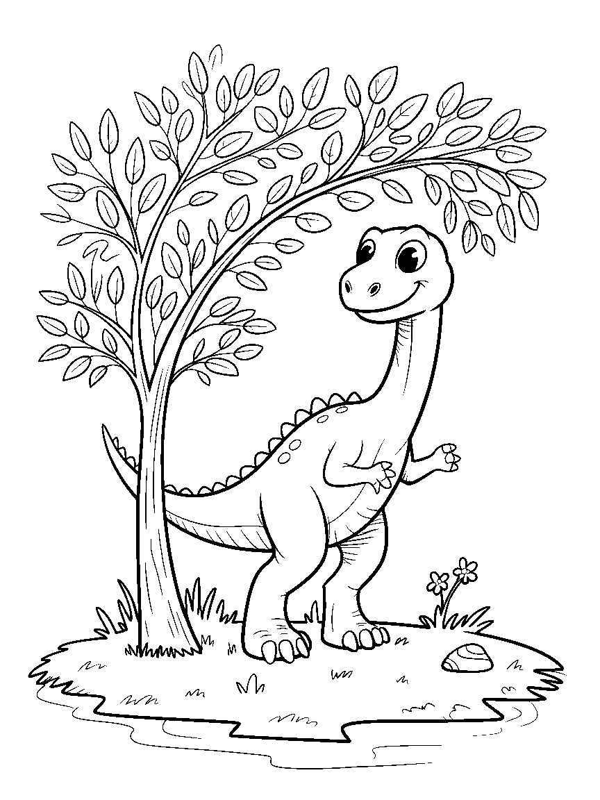 A long-necked dinosaur reaching a tall tree - a free printable dinosaurs coloring page