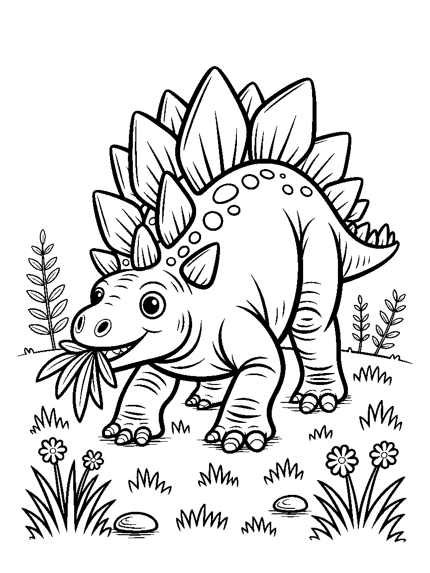 A Stegosaurus eating low plants - a free printable dinosaurs coloring page