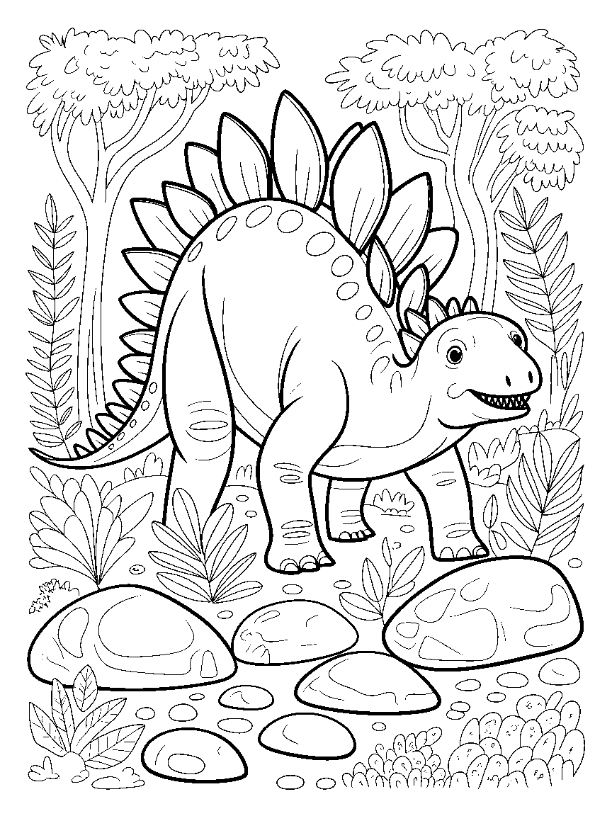A Stegosaurus in a prehistoric forest - a free printable dinosaurs coloring page