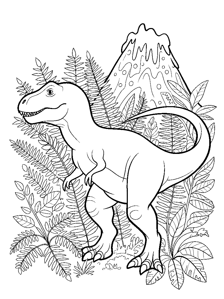 A T-Rex among ferns and a volcano - a free printable dinosaurs coloring page