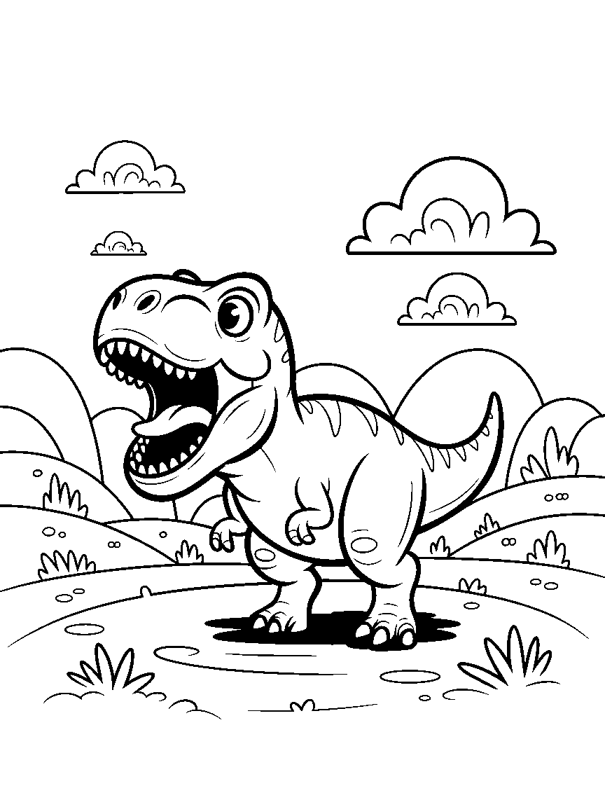 A T-Rex roaring with its mouth open - a free printable dinosaurs coloring page