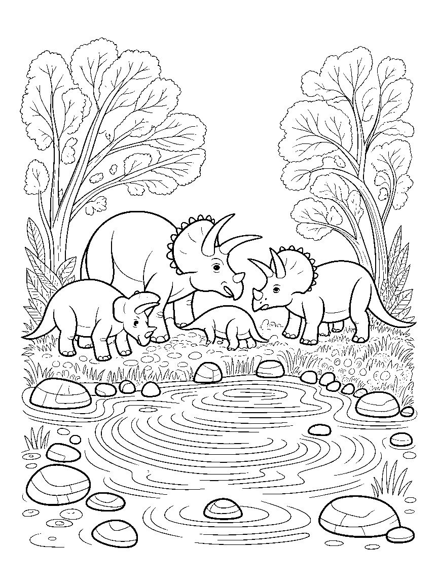 A Triceratops family by a river - a free printable dinosaurs coloring page