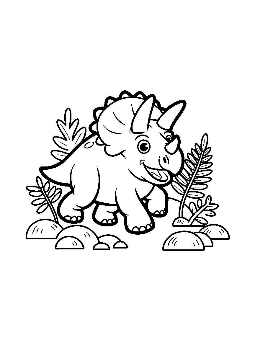 A Triceratops walking by a fern - a free printable dinosaurs coloring page