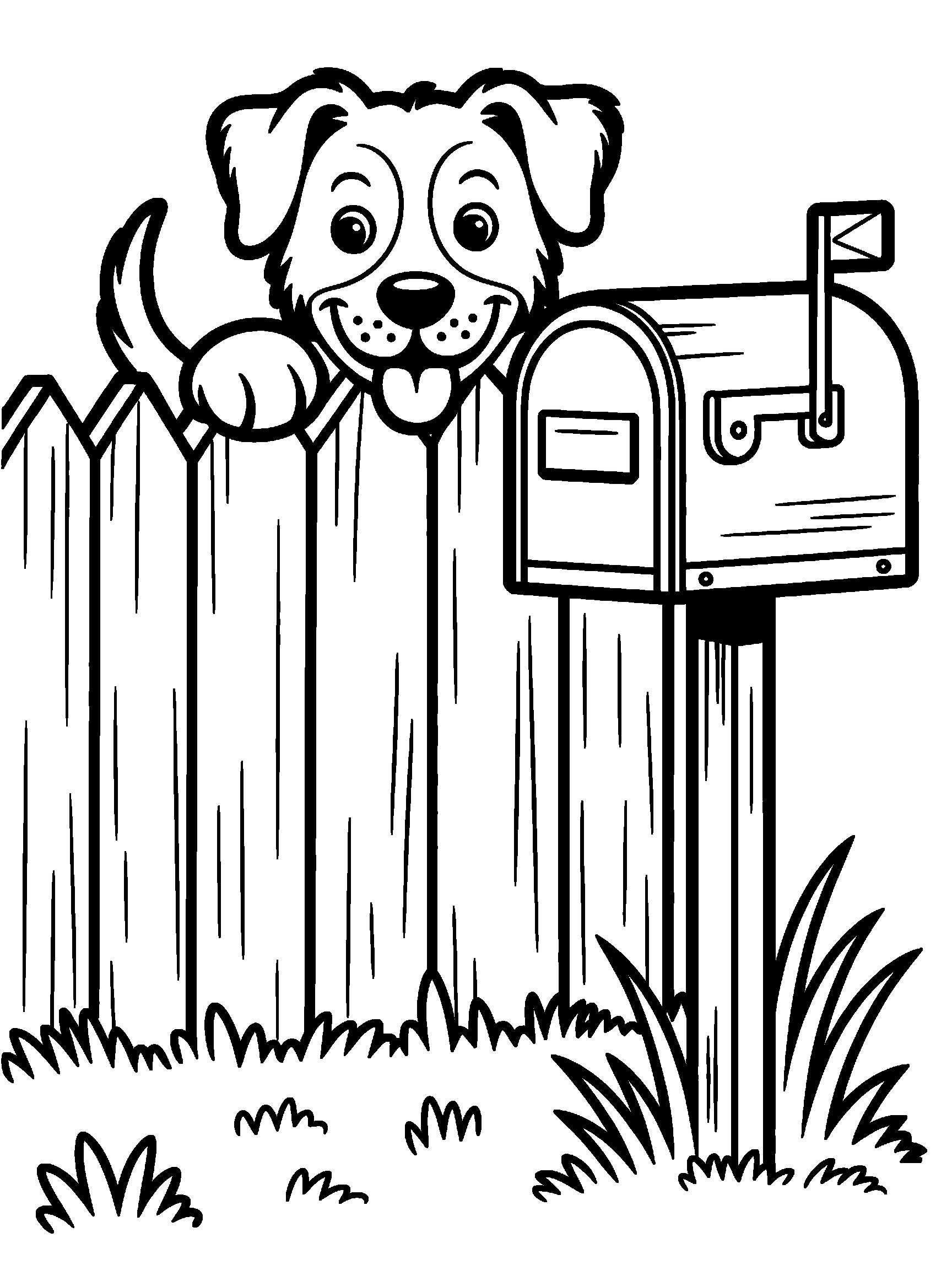 A dog face peeking over a wooden fence next to a mailbox - a free printable dog coloring page