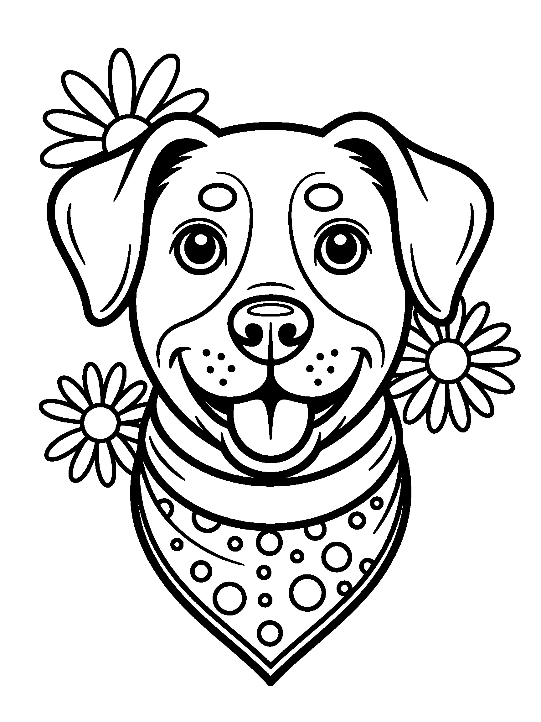 A dog face wearing a bandana - a free printable dog coloring page