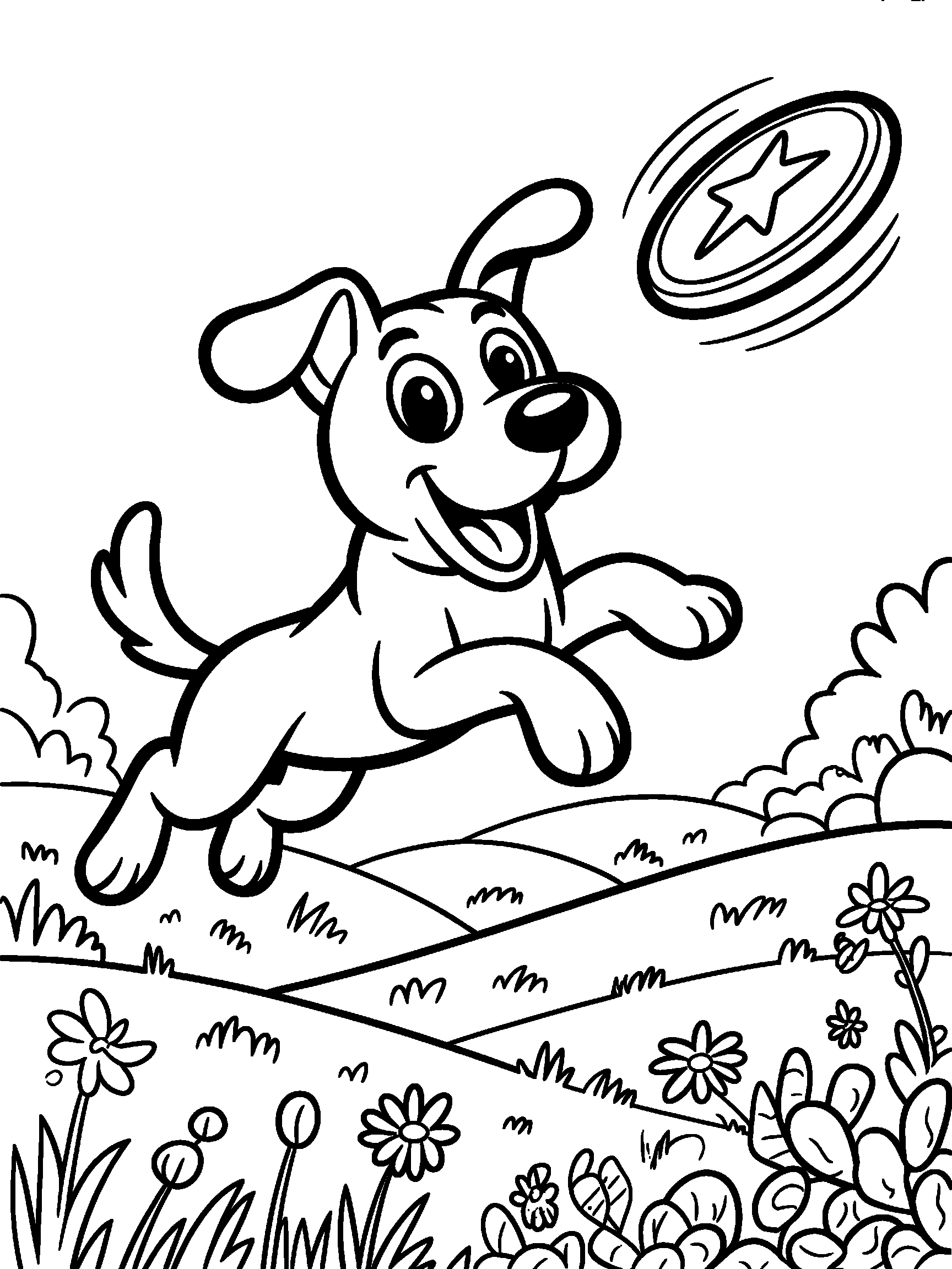 A dog jumping to catch a flying disc - a free printable dog coloring page