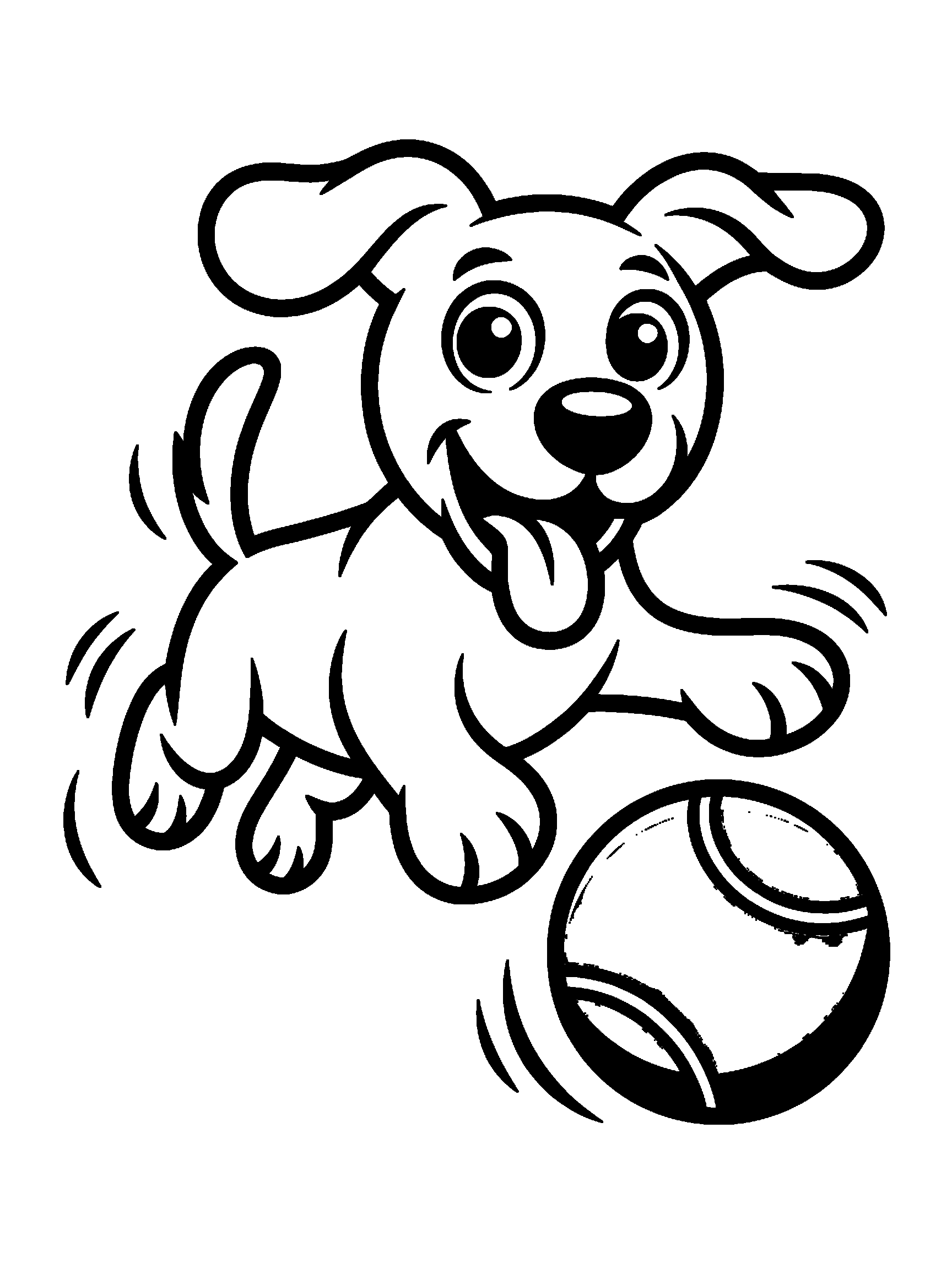 One dog catching a tennis ball - a free printable dog coloring page