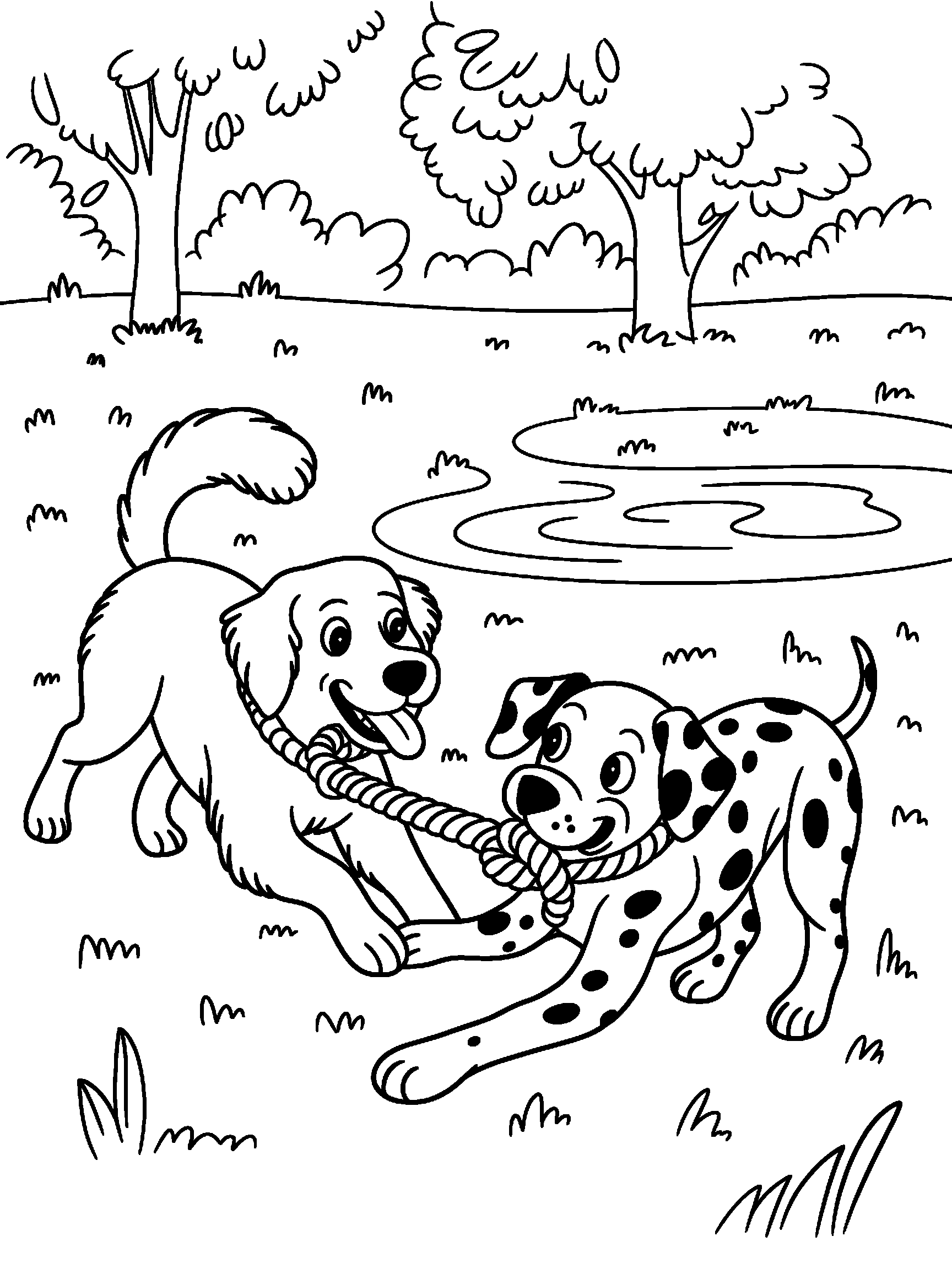 Two dogs playing tug of war with a rope toy - a free printable dog coloring page