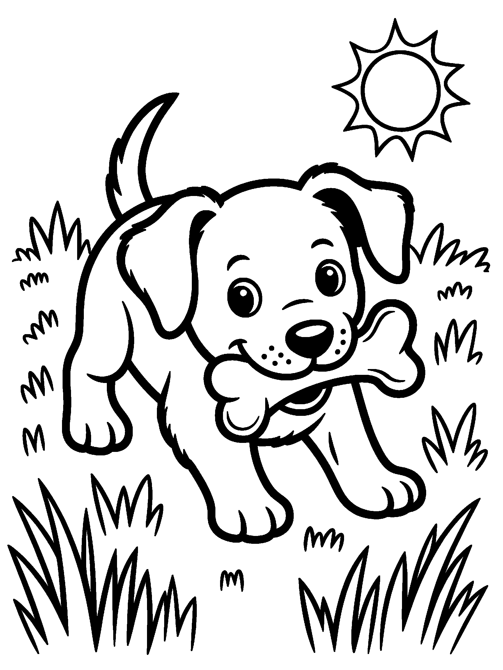 A puppy chewing on a bone - a free printable dog coloring page