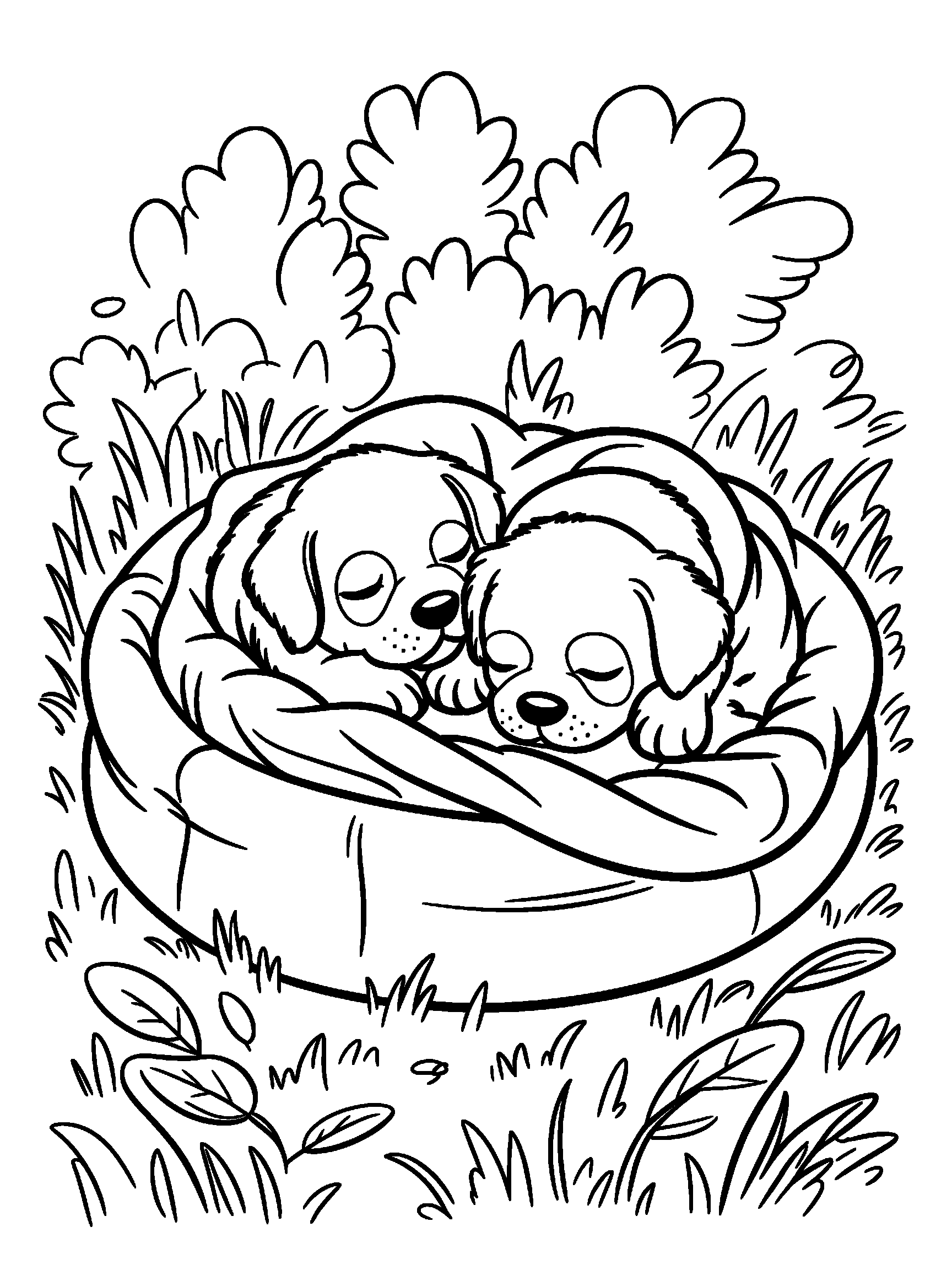 Two puppies asleep in a round dog bed with a blanket - a free printable dog coloring page