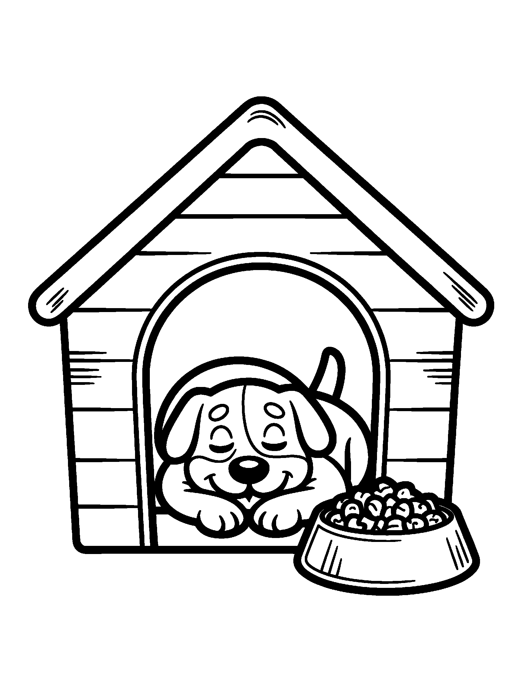 A dog asleep in its doghouse next to its food bowl - a free printable dog coloring page