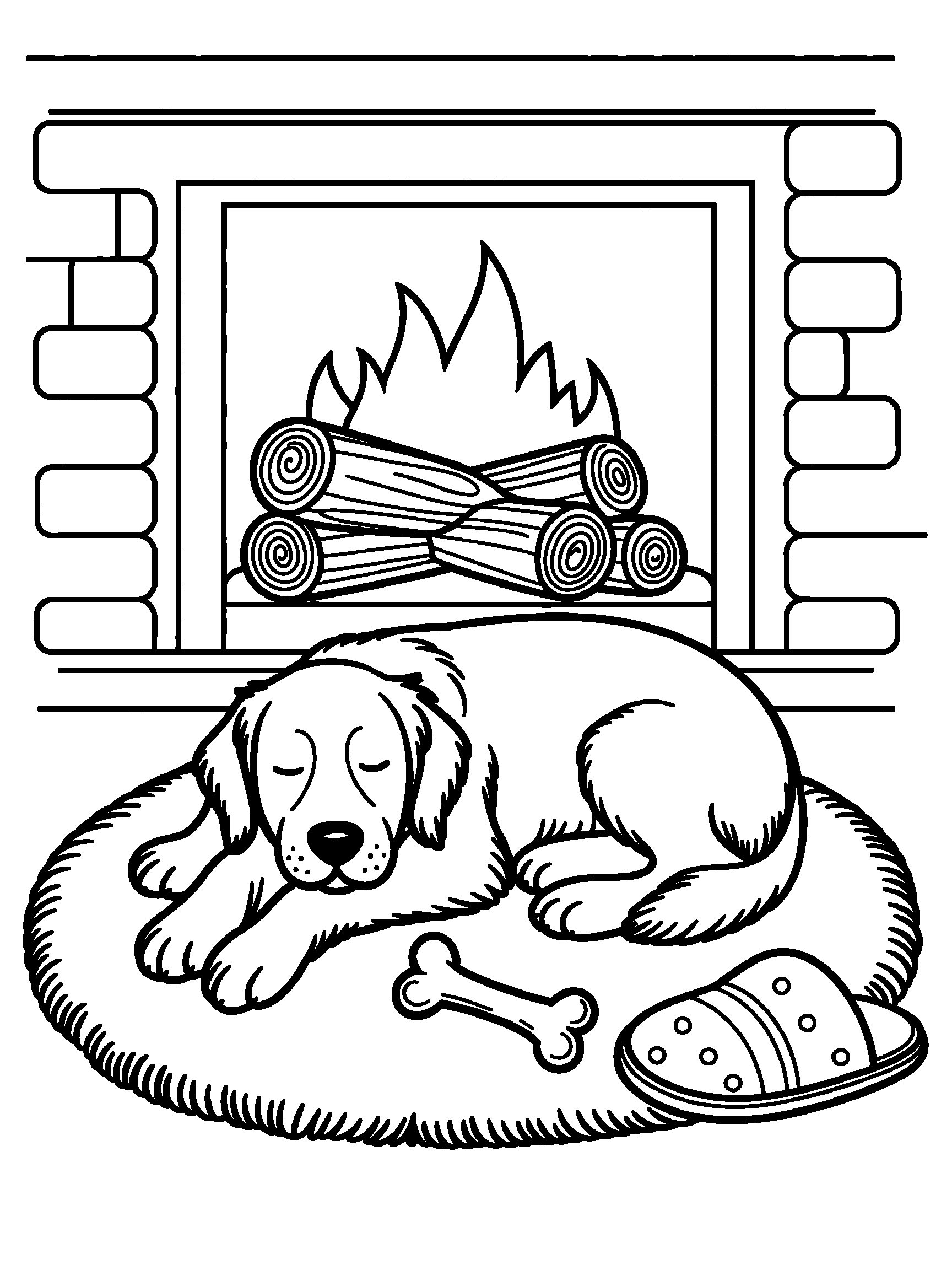 A dog asleep on a rug by the fireplace with a toy bone and a slipper - a free printable dog coloring page