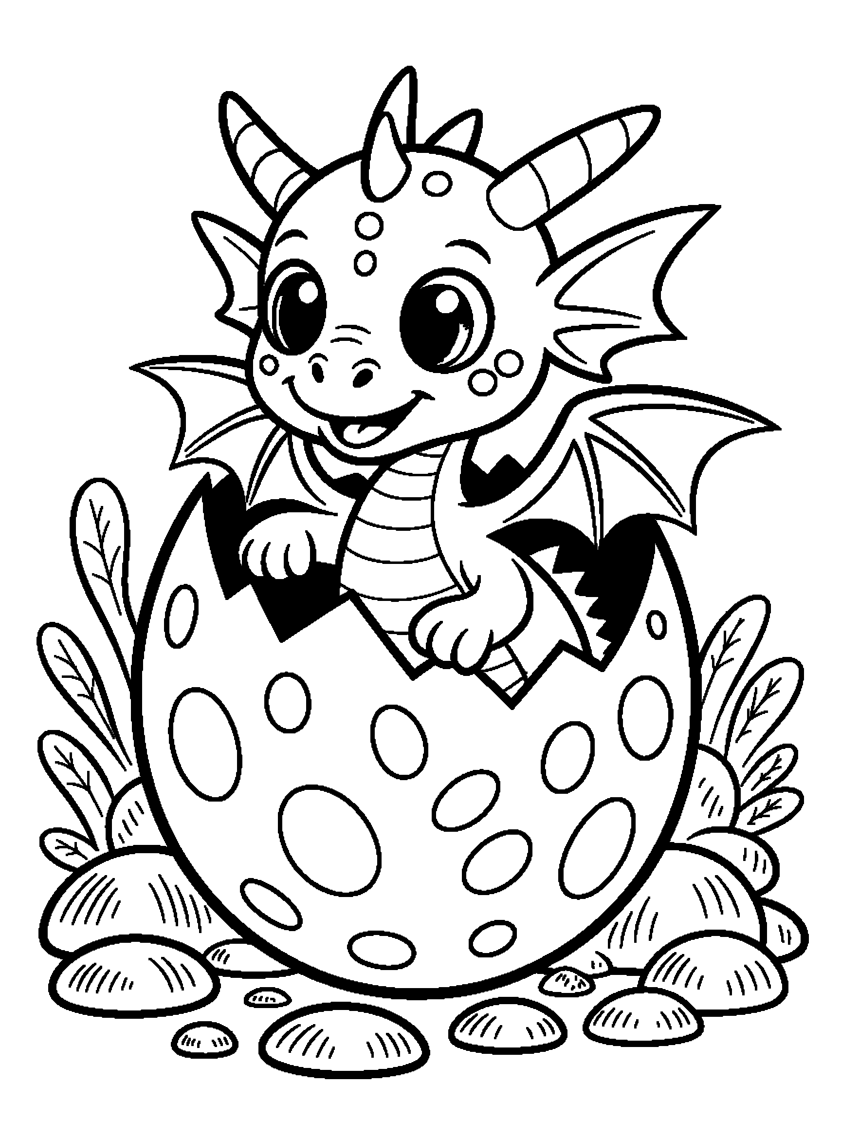 A baby dragon hatching from a spotted egg - a free printable dragon coloring page