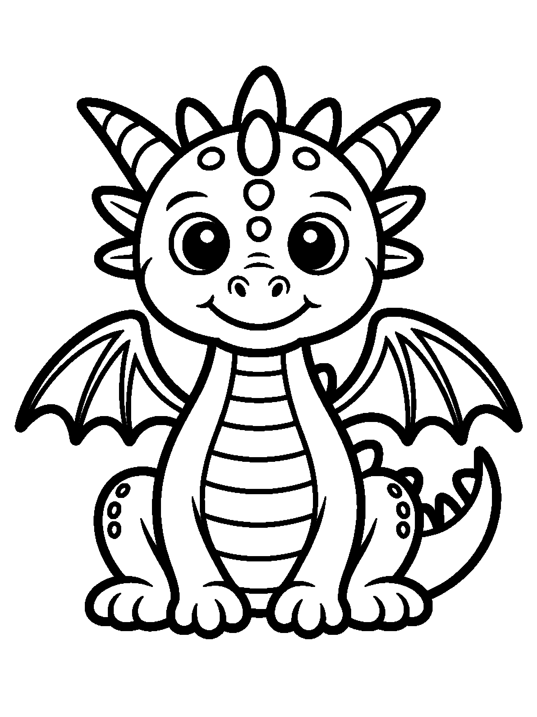 One baby dragon sitting and smiling - a free printable dragon coloring page