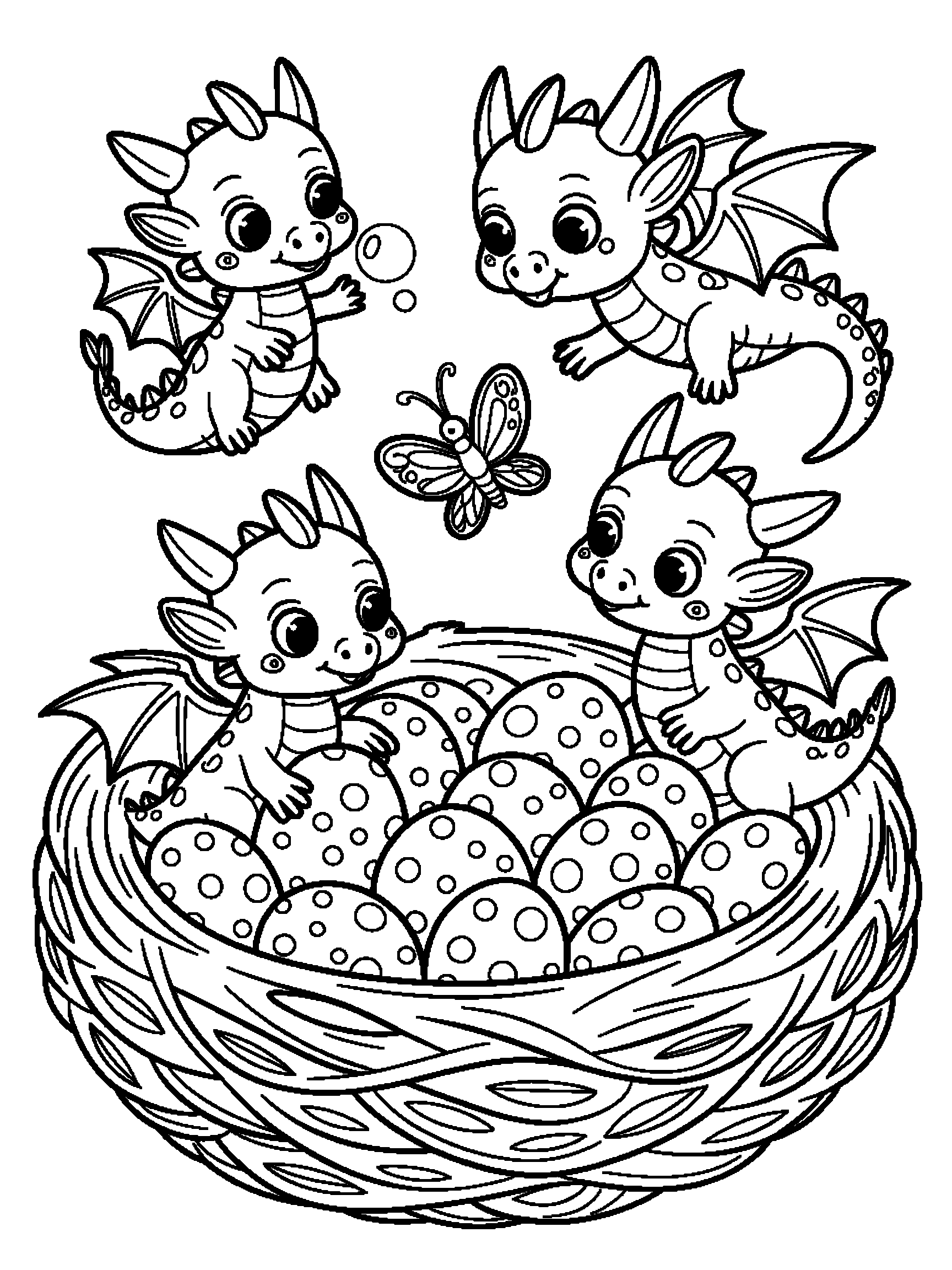 Three baby dragons playing in a nest of eggs - a free printable dragon coloring page