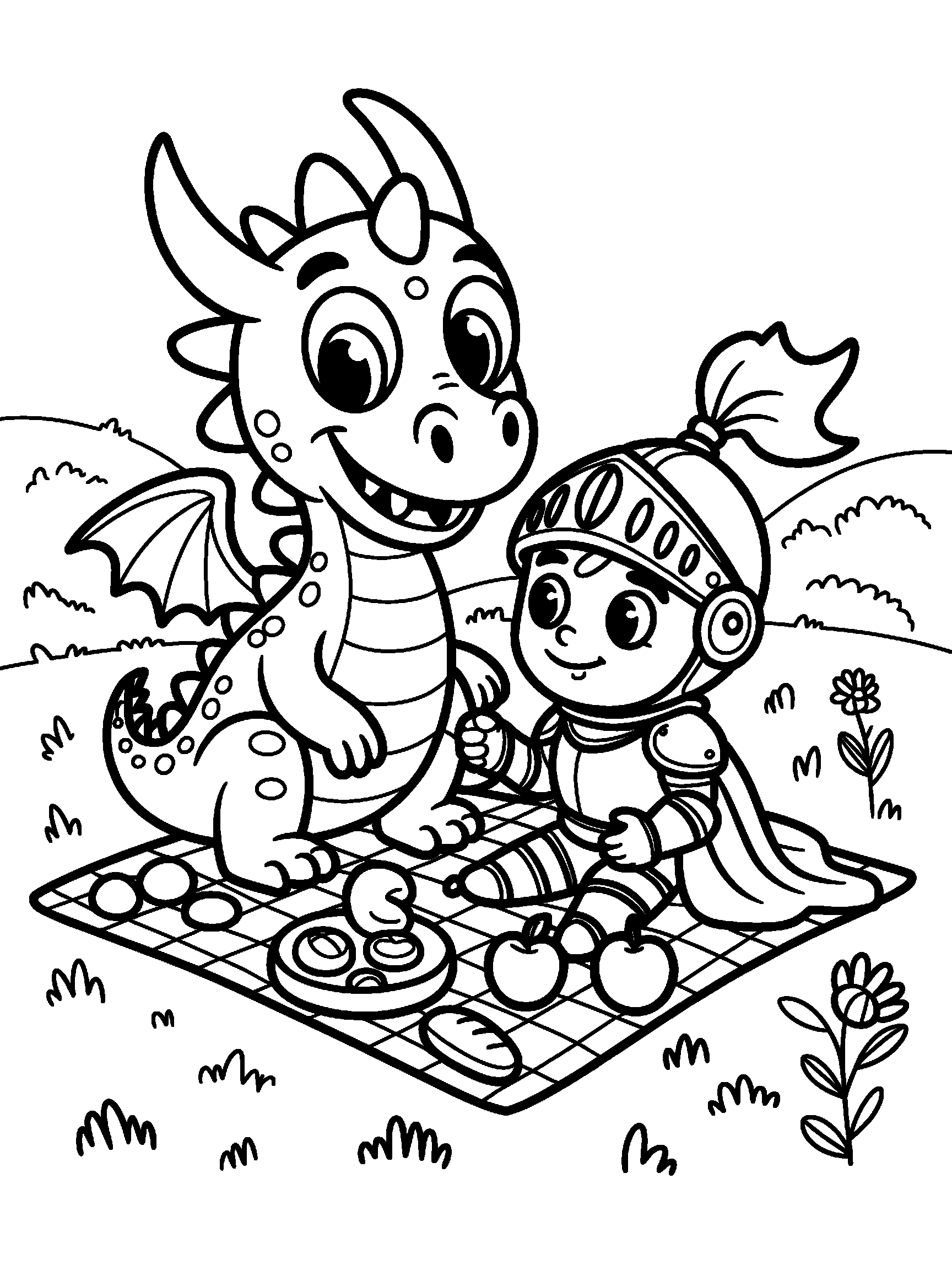 A big friendly dragon and a small knight sharing a picnic blanket - a free printable dragon coloring page