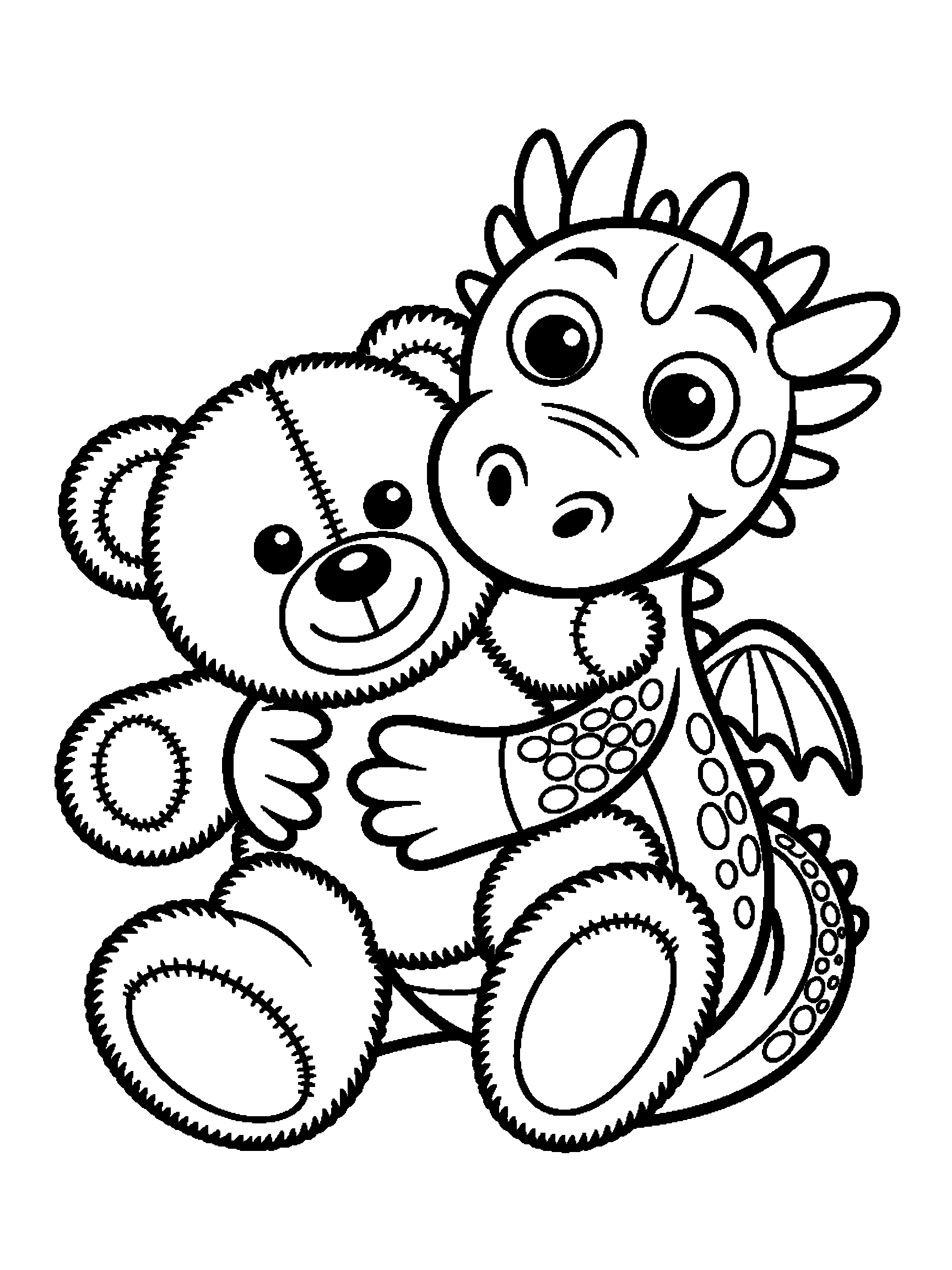 One dragon hugging a teddy bear - a free printable dragon coloring page
