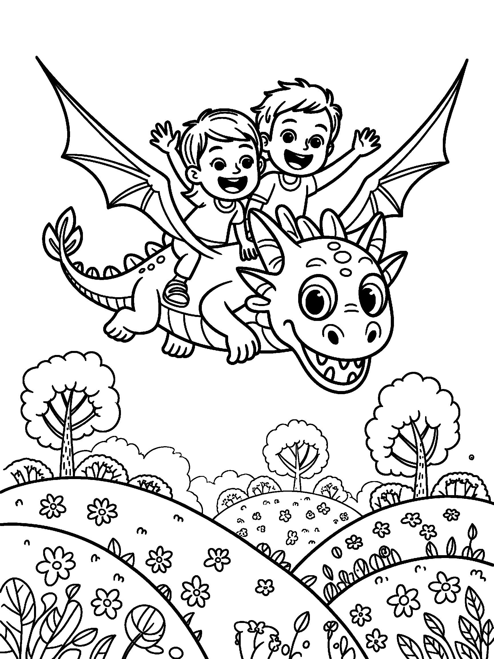 Two children riding on the back of a flying dragon over the hills - a free printable dragon coloring page