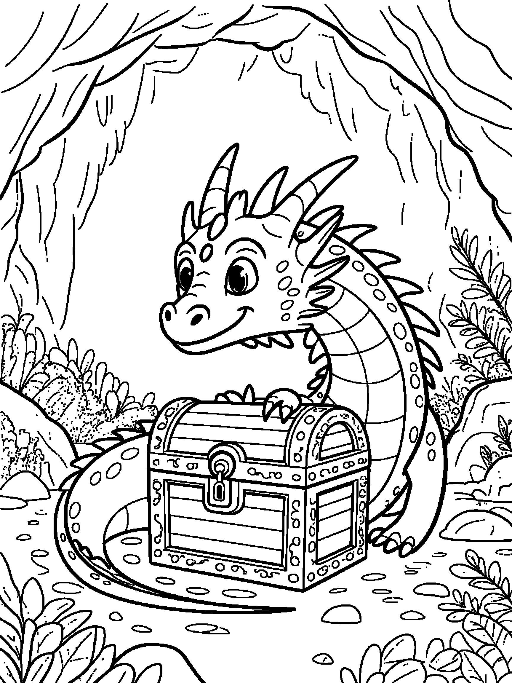 A dragon curled around one treasure chest in a cave - a free printable dragon coloring page