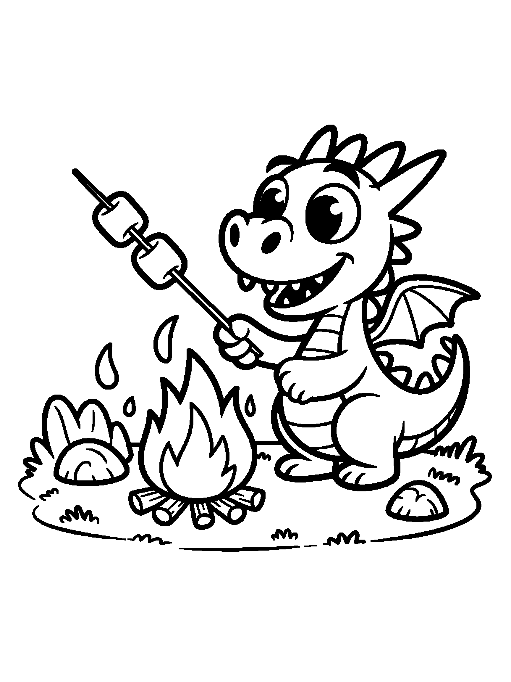 A dragon toasting marshmallows with its fire - a free printable dragon coloring page