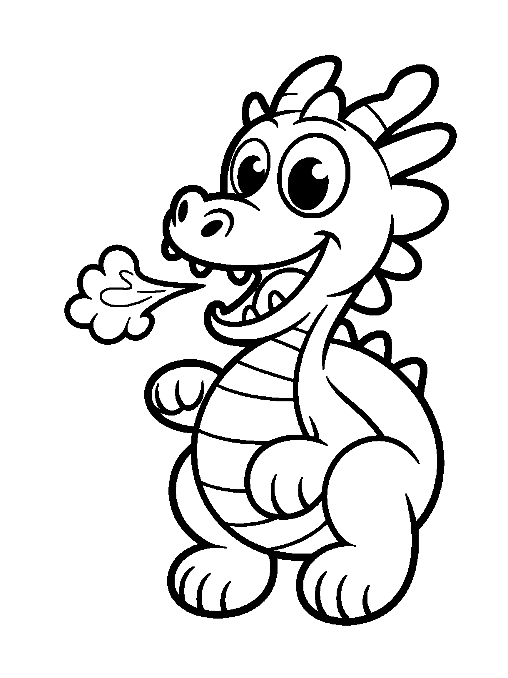 One friendly dragon breathing a small puff of fire - a free printable dragon coloring page