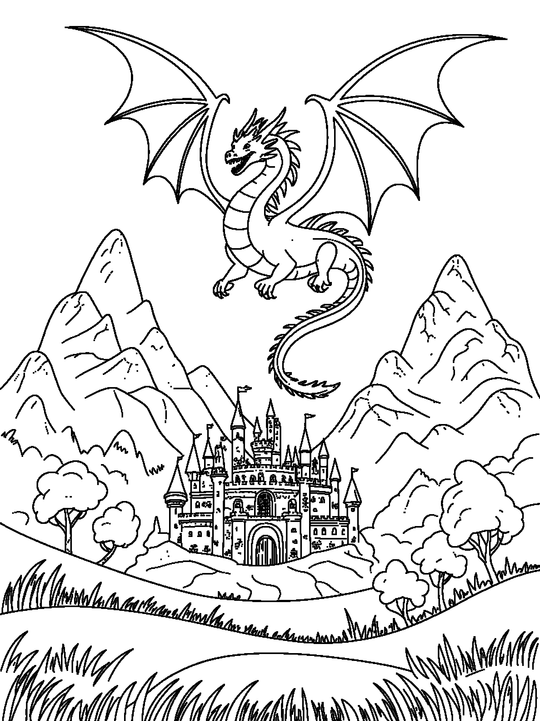 A dragon flying over a castle with two mountains behind it - a free printable dragon coloring page