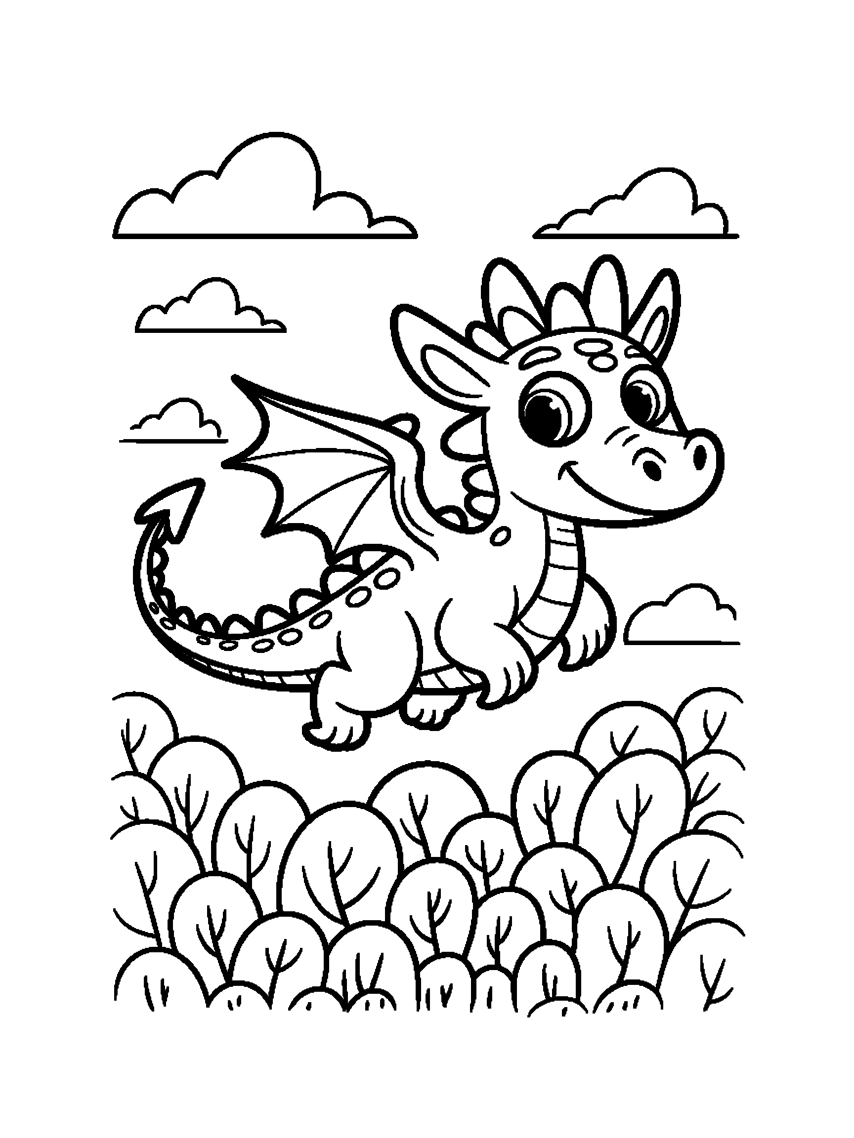 A dragon flying over the treetops - a free printable dragon coloring page