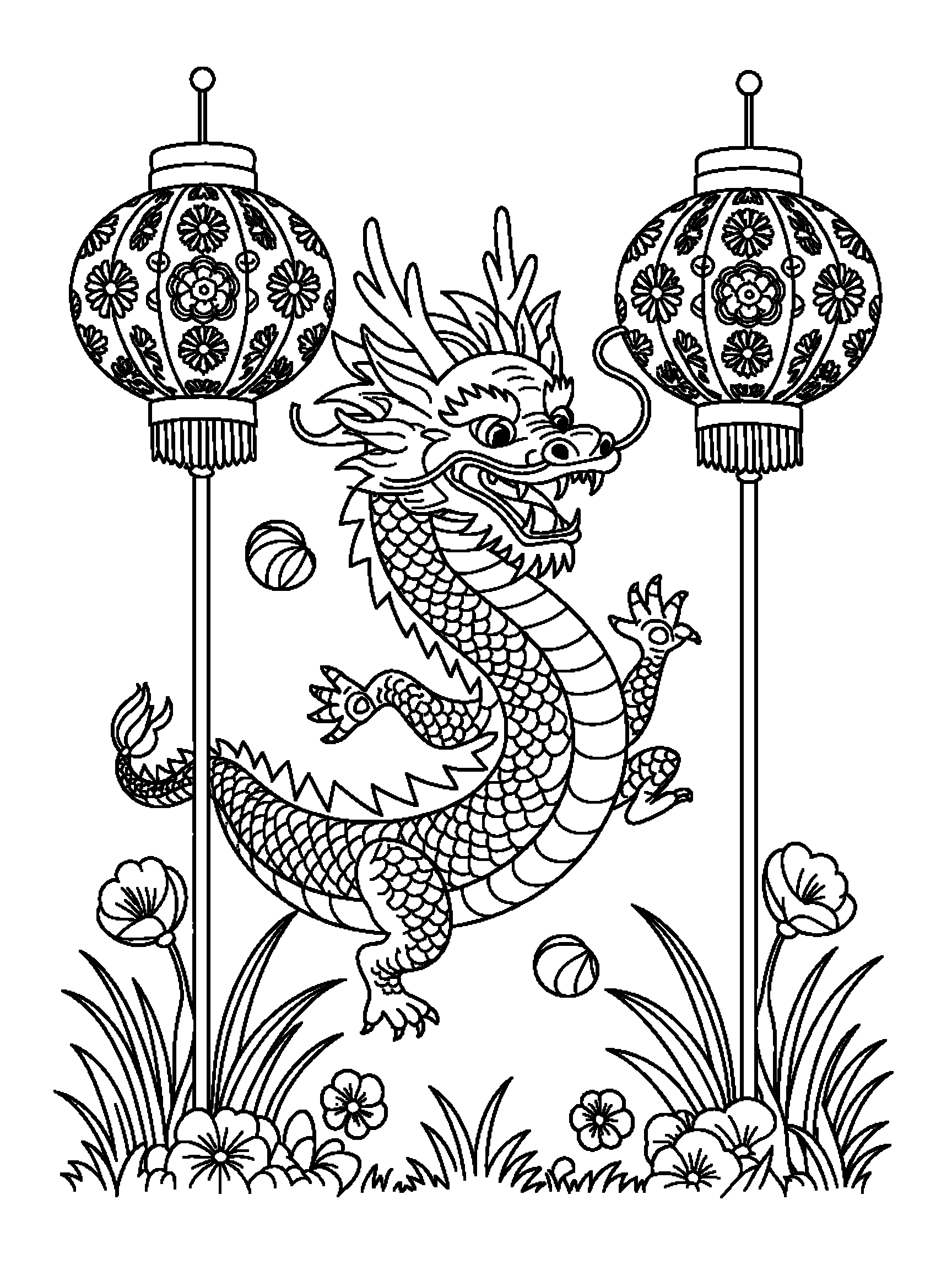 A Lunar New Year dragon dancing between two big lanterns - a free printable dragon coloring page