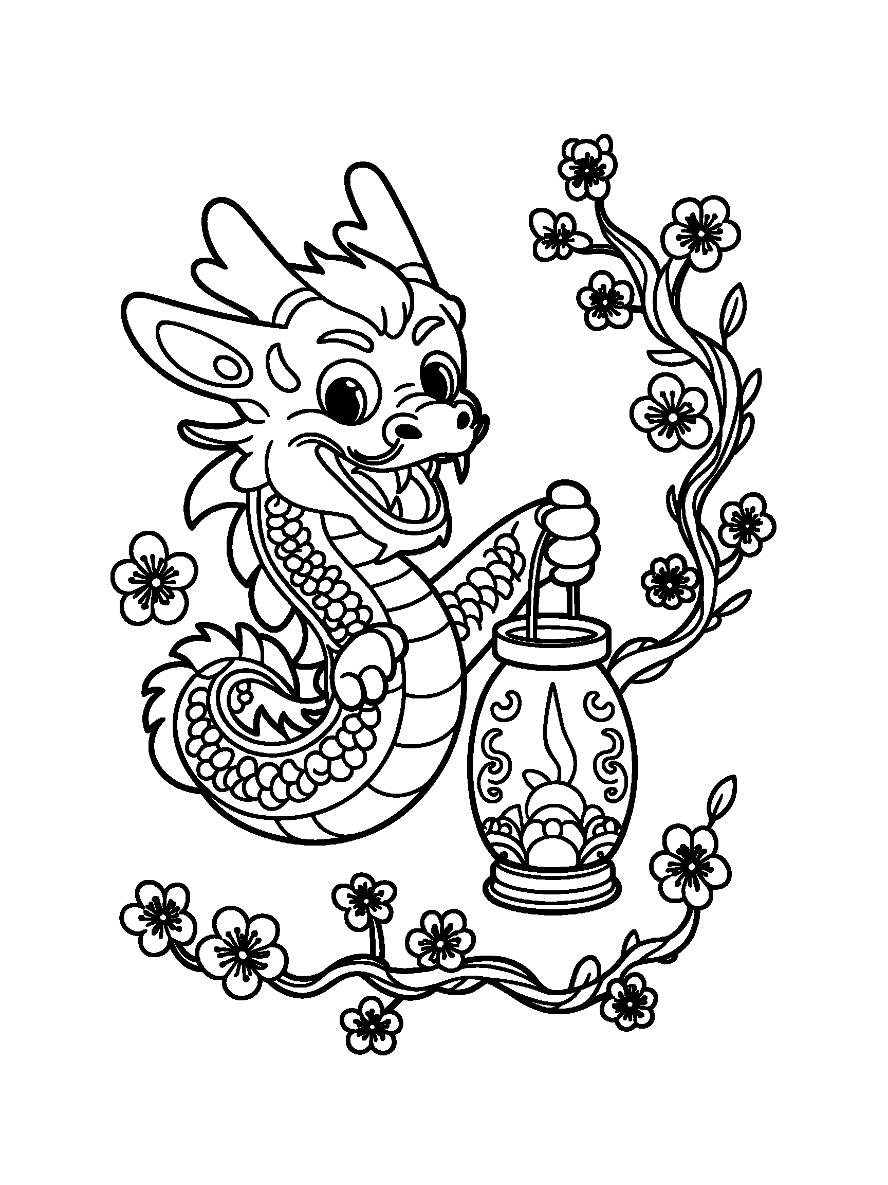 A smiling Lunar New Year dragon holding one lantern - a free printable dragon coloring page