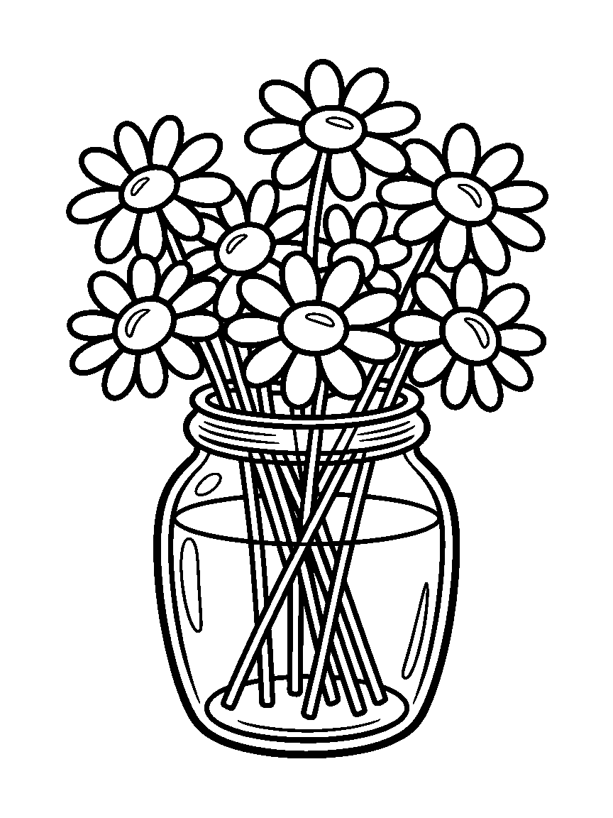 A bunch of daisies in a jar - a free printable flowers coloring page