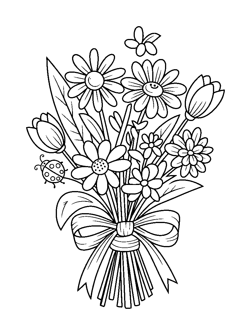 A bouquet tied with a ribbon - a free printable flowers coloring page