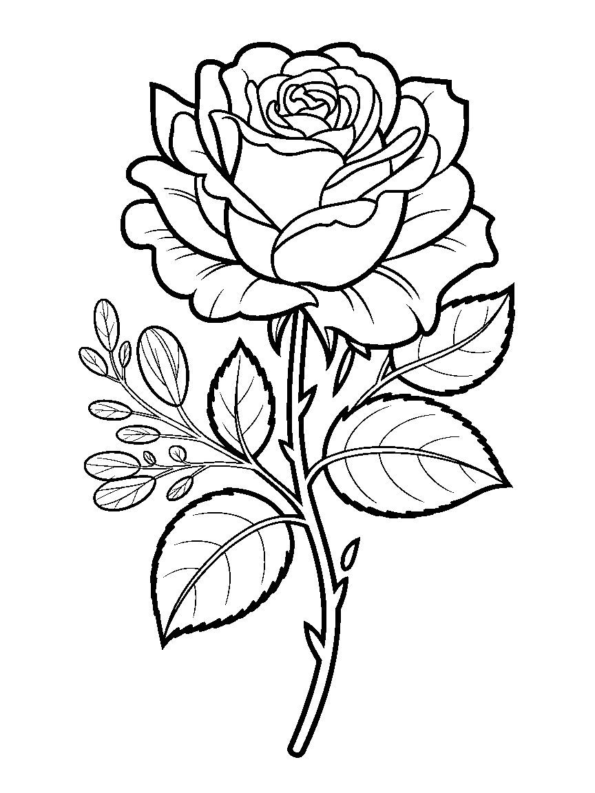 A rose with leaves on a stem - a free printable flowers coloring page