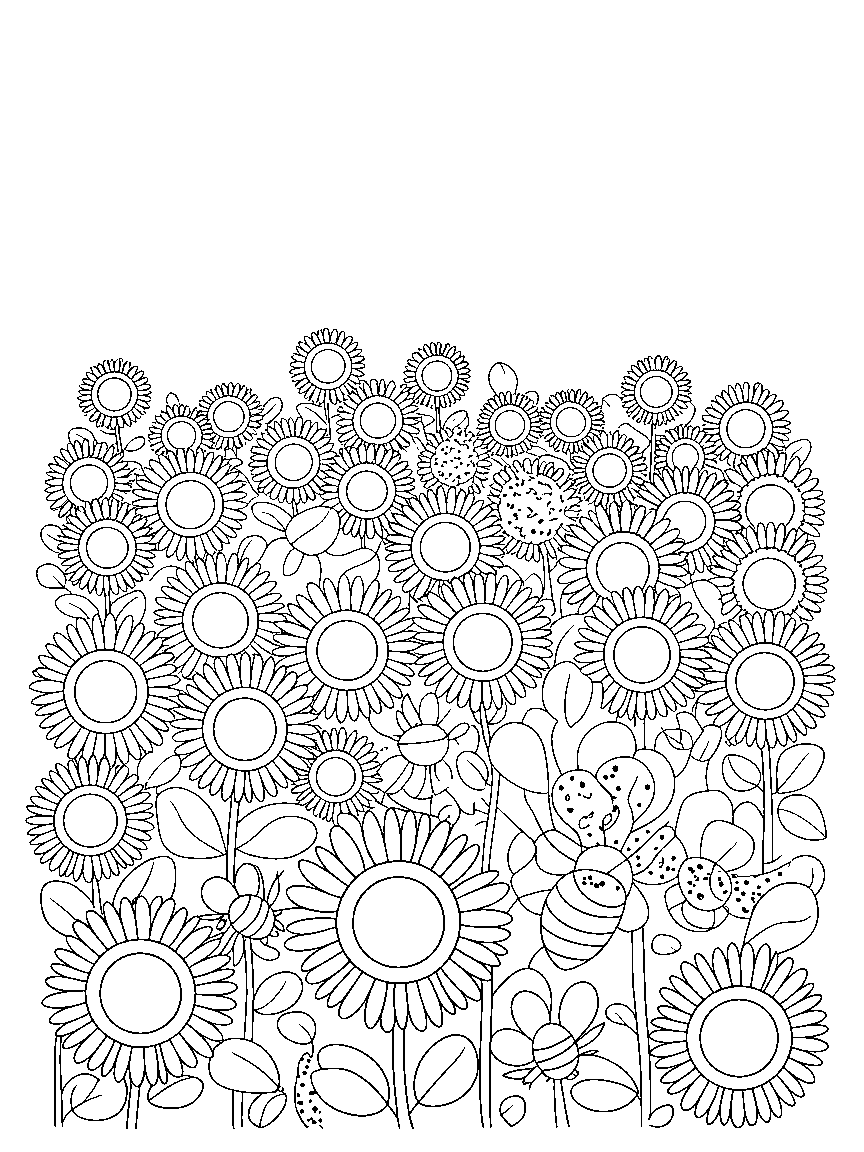 A field of sunflowers - a free printable flowers coloring page