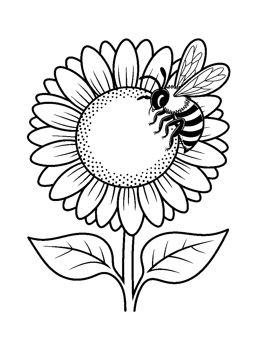 A sunflower with a bee on it - a free printable flowers coloring page