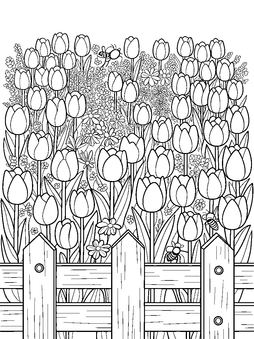 A tulip garden with a fence - a free printable flowers coloring page