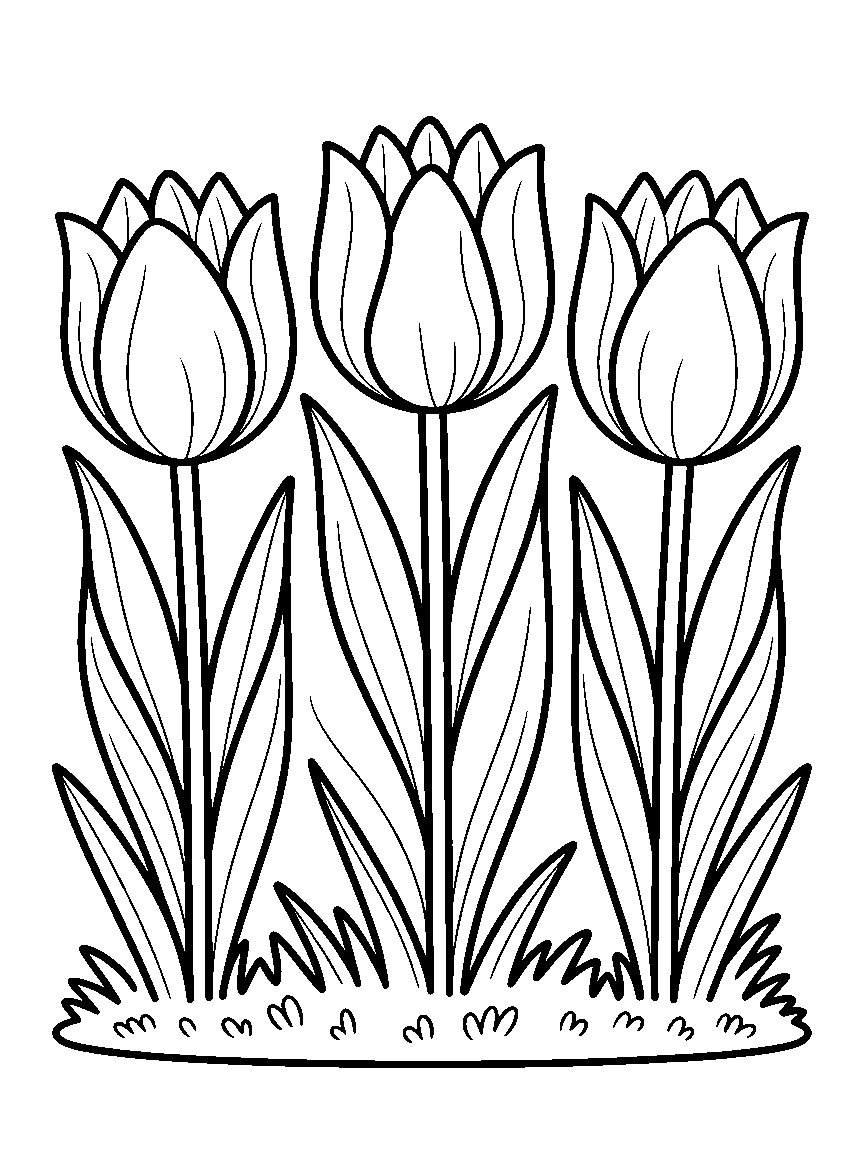 Three tulips in a row - a free printable flowers coloring page