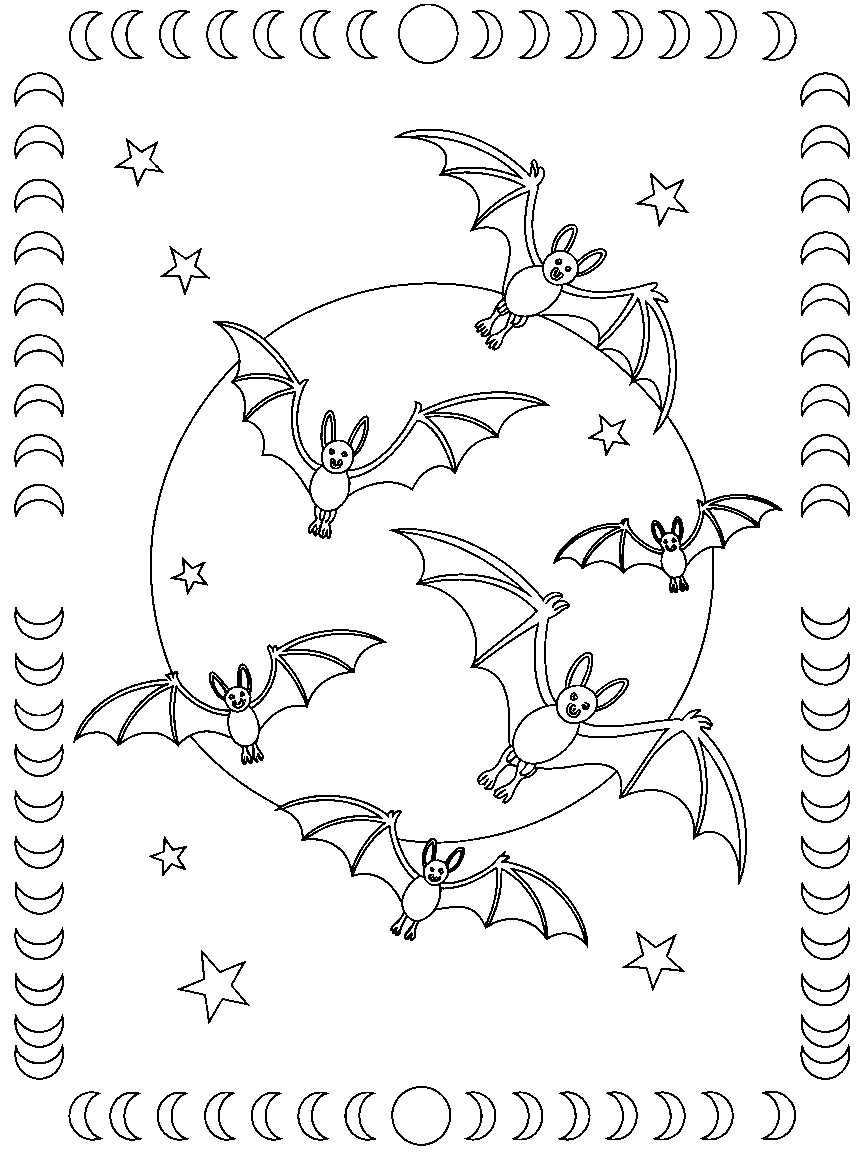 Bats flying past a big full moon - a free printable halloween coloring page