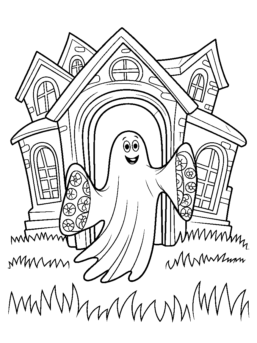 A ghost in a doorway of a big haunted house - a free printable halloween coloring page