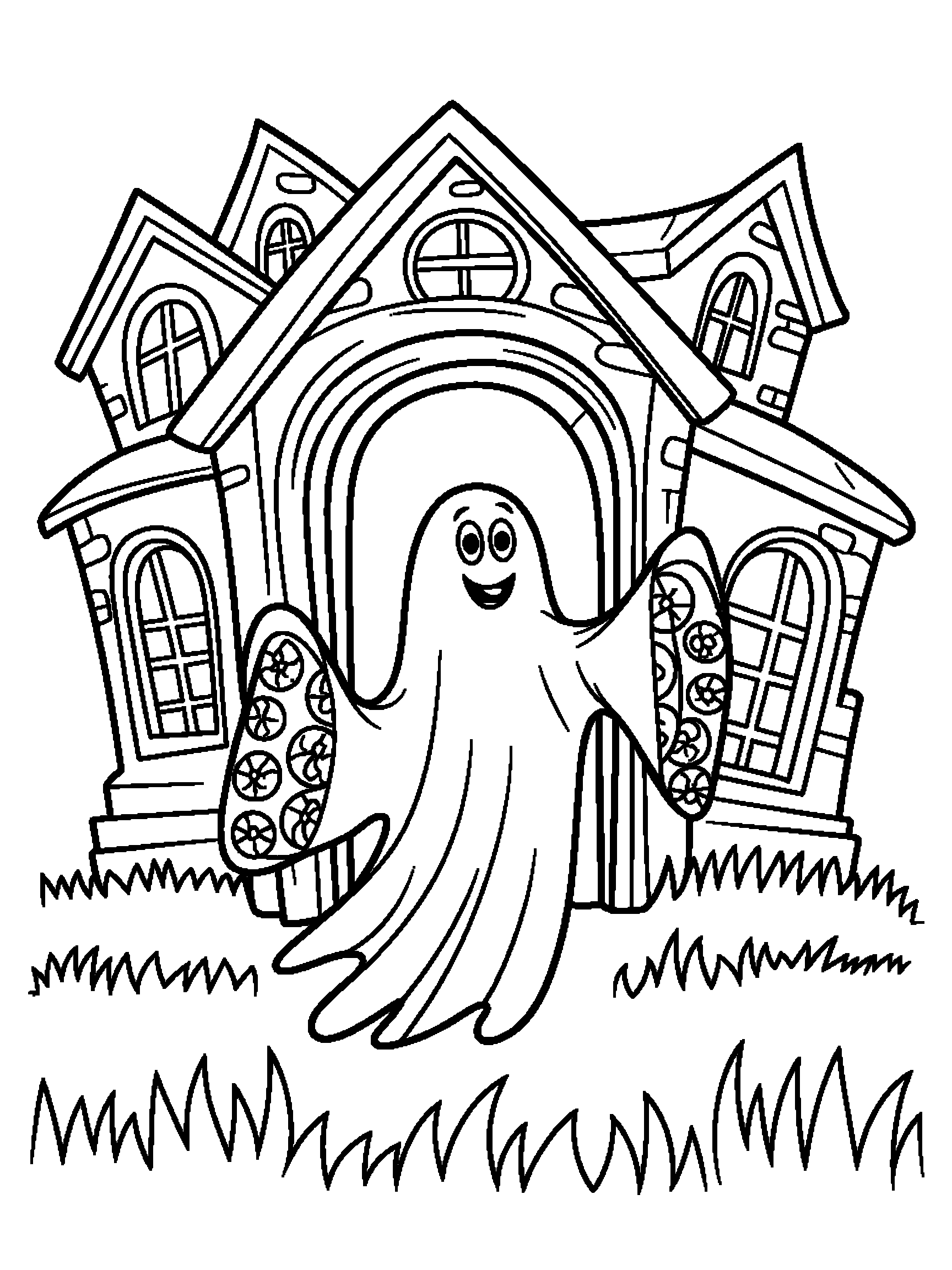 A ghost in a doorway of a big haunted house - a free printable halloween coloring page
