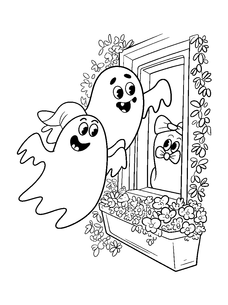 Two ghosts floating past a window - a free printable halloween coloring page