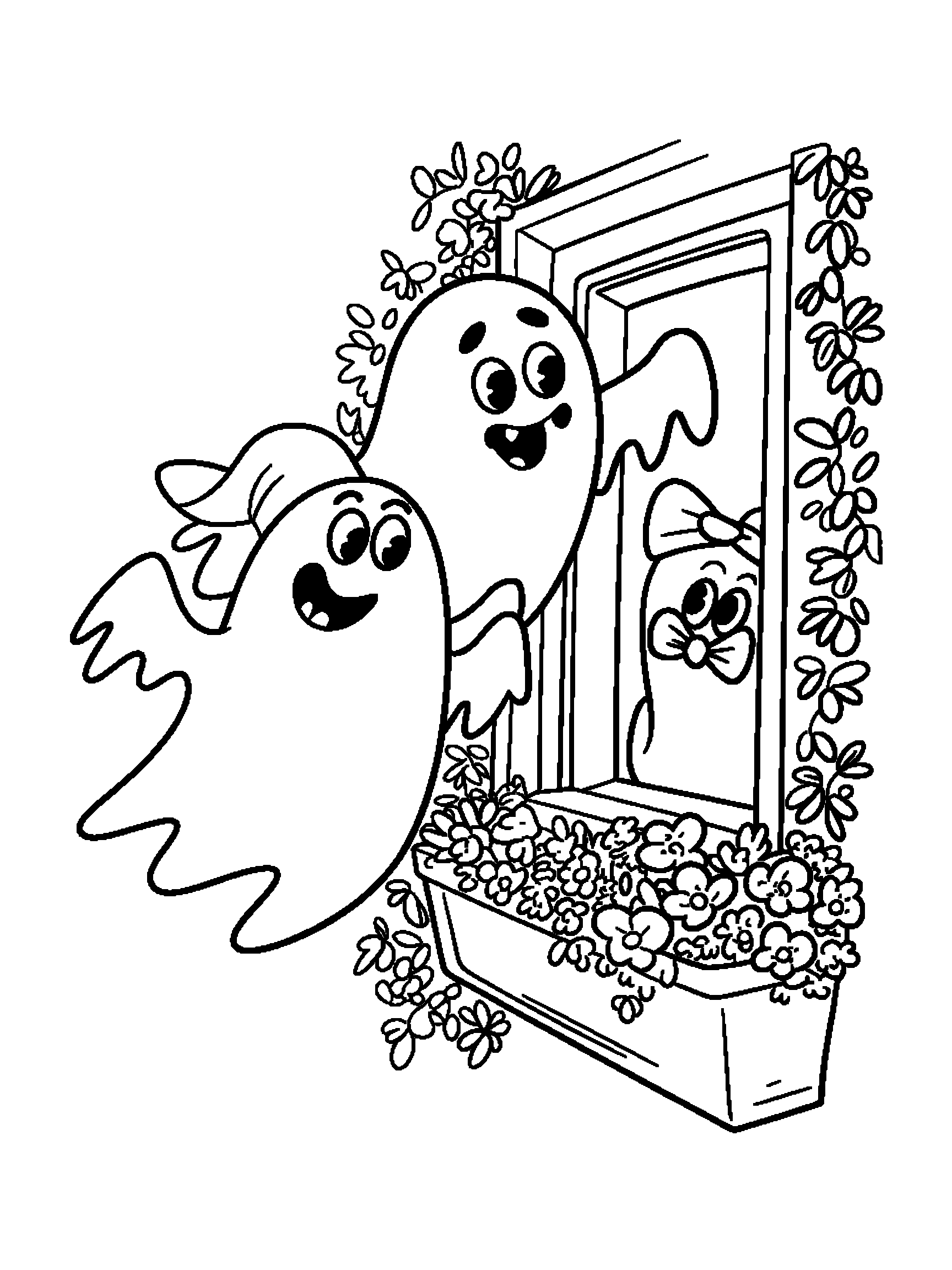 Two ghosts floating past a window - a free printable halloween coloring page