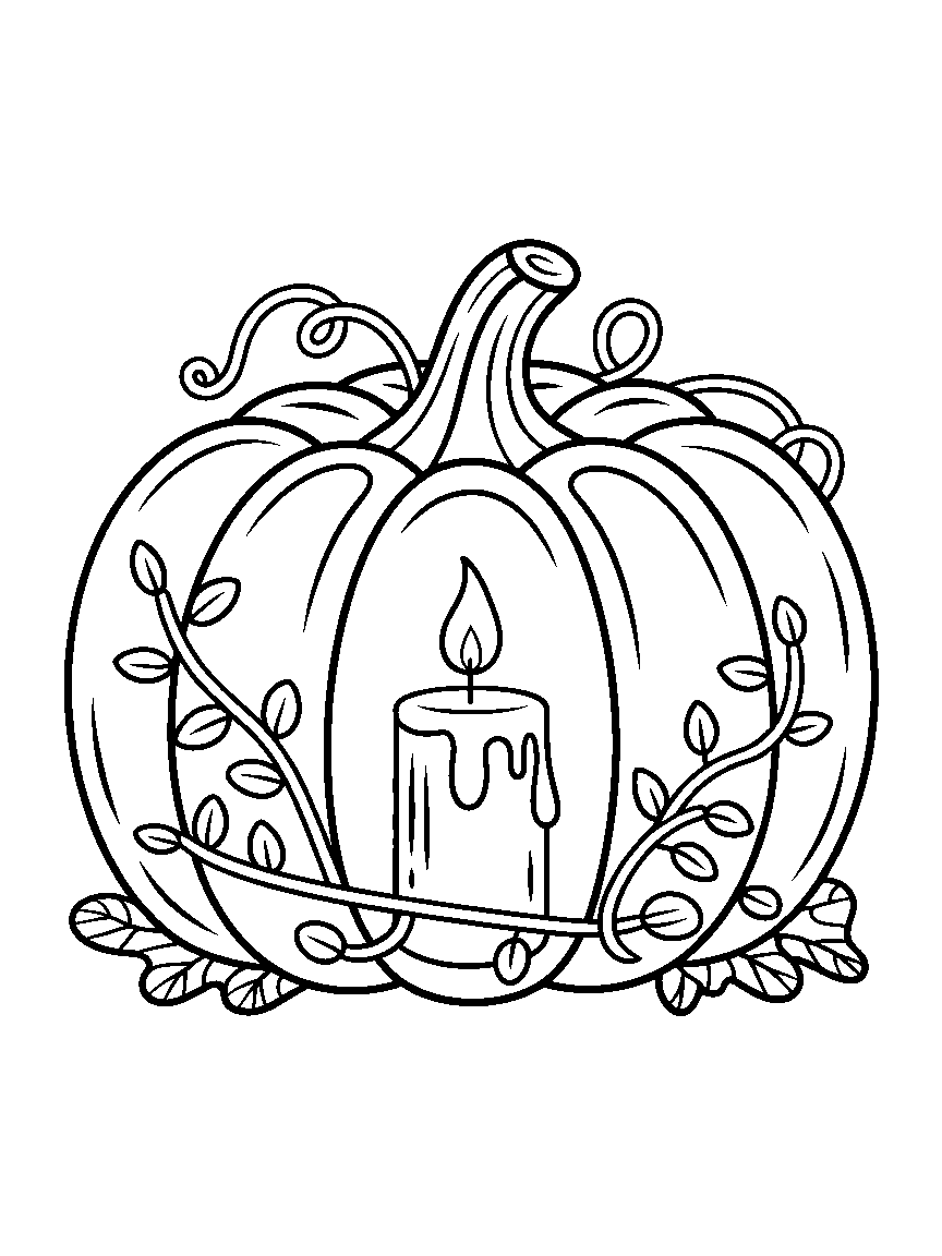 A big carved pumpkin with a thick candle inside - a free printable halloween coloring page