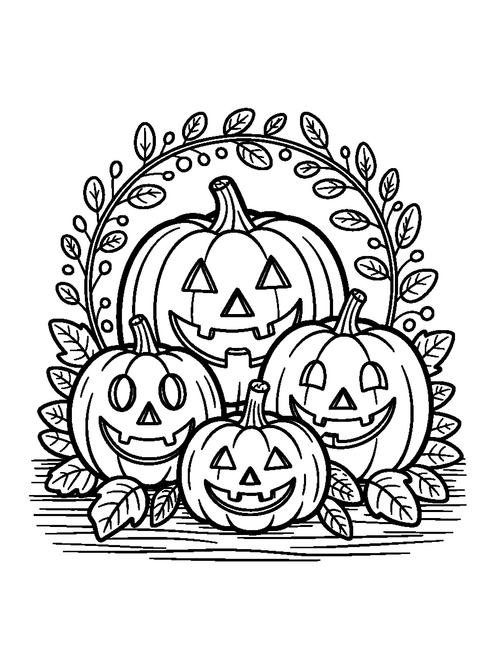 Three jack-o'-lanterns on a doorstep - a free printable halloween coloring page