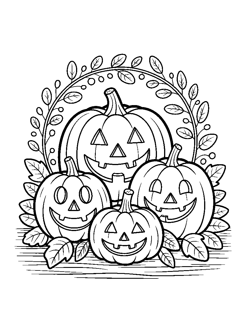 Three jack-o'-lanterns on a doorstep - a free printable halloween coloring page