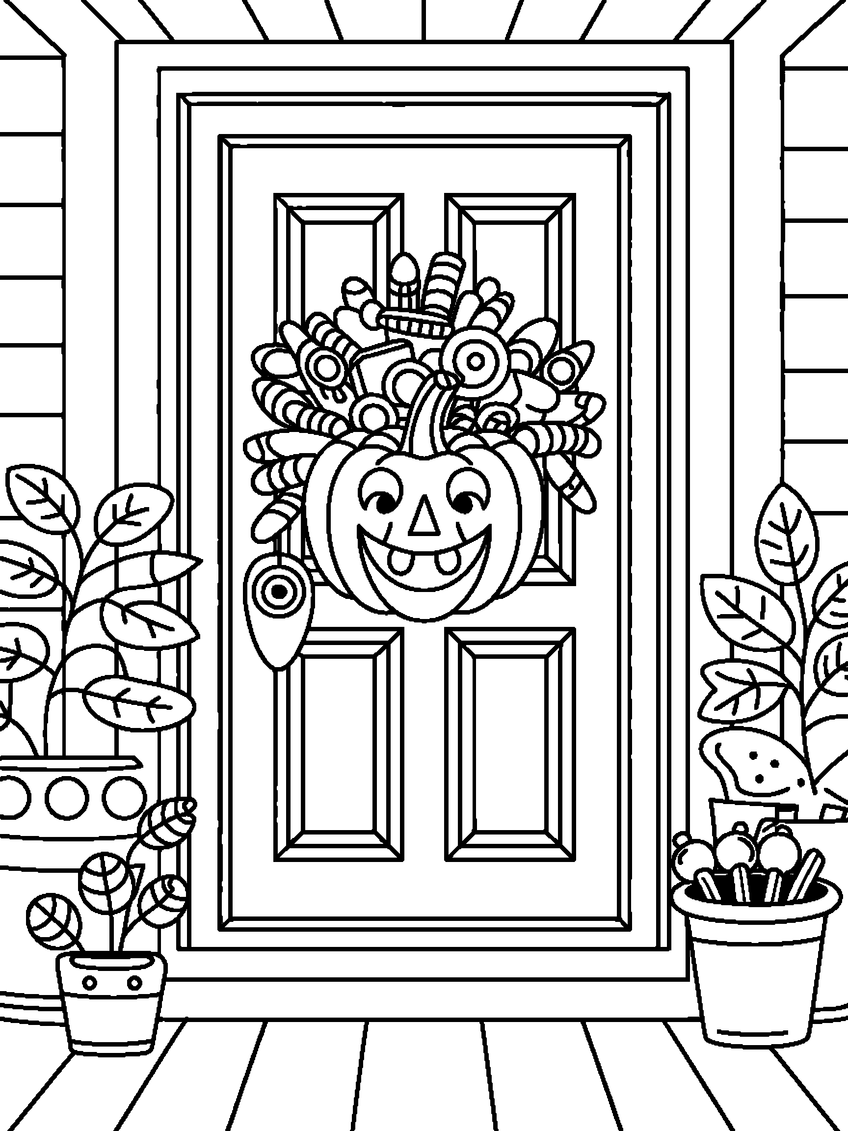 A front door with a carved pumpkin and a big bowl of sweets - a free printable halloween coloring page